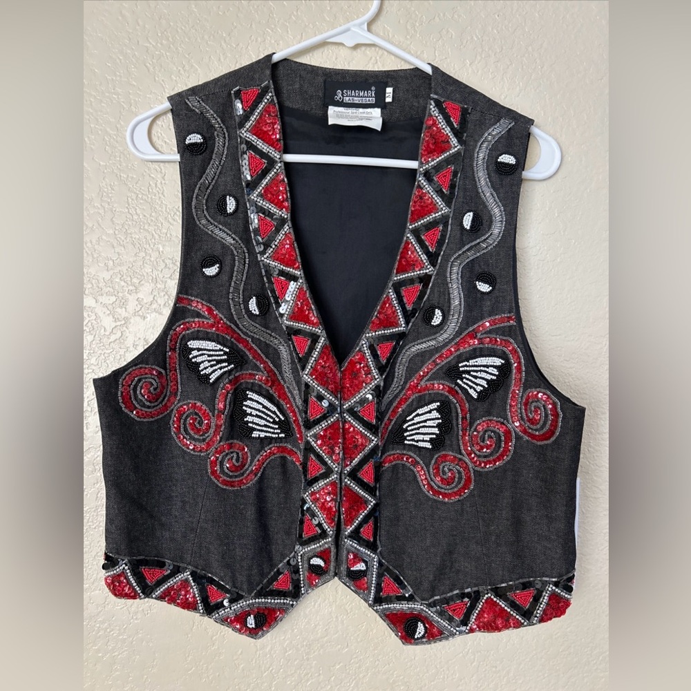 Vintage Sharmark Las Vegas Beaded Sequined Black Denim Vest Southwestern size M